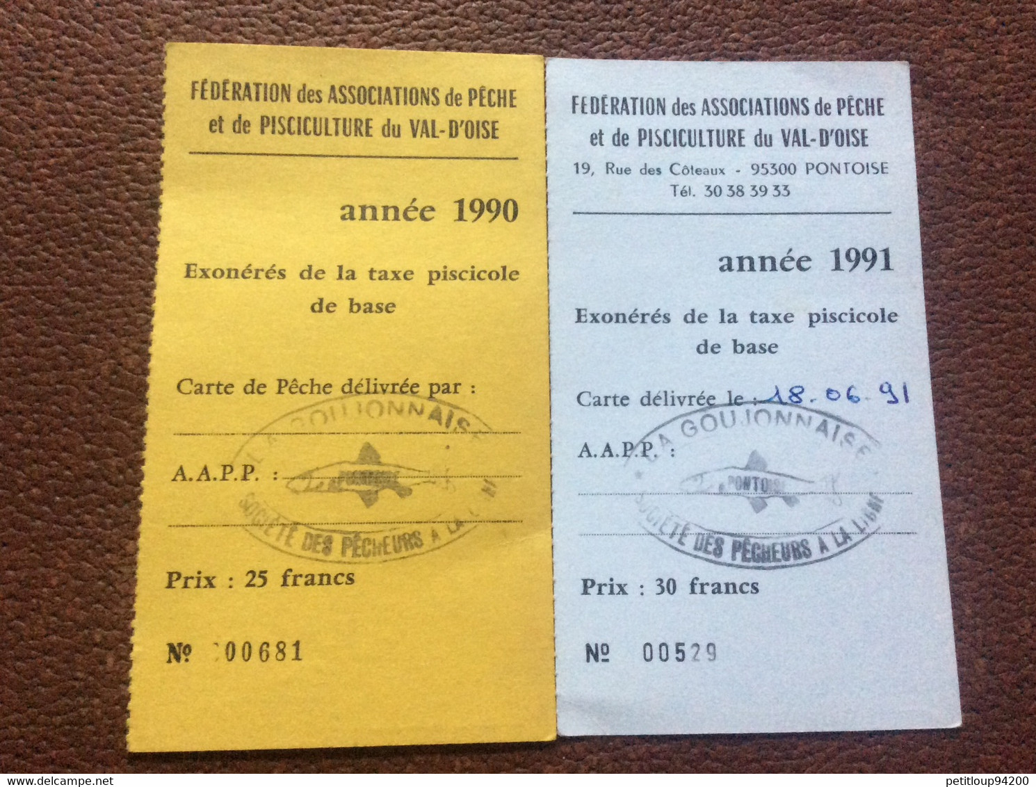 2 Cartes LA GOUJONNAISE  Federation Des Associarions De Pêche Et De Pisciculture A.A.P.P. Pontoise 1990 1991 - Fishing