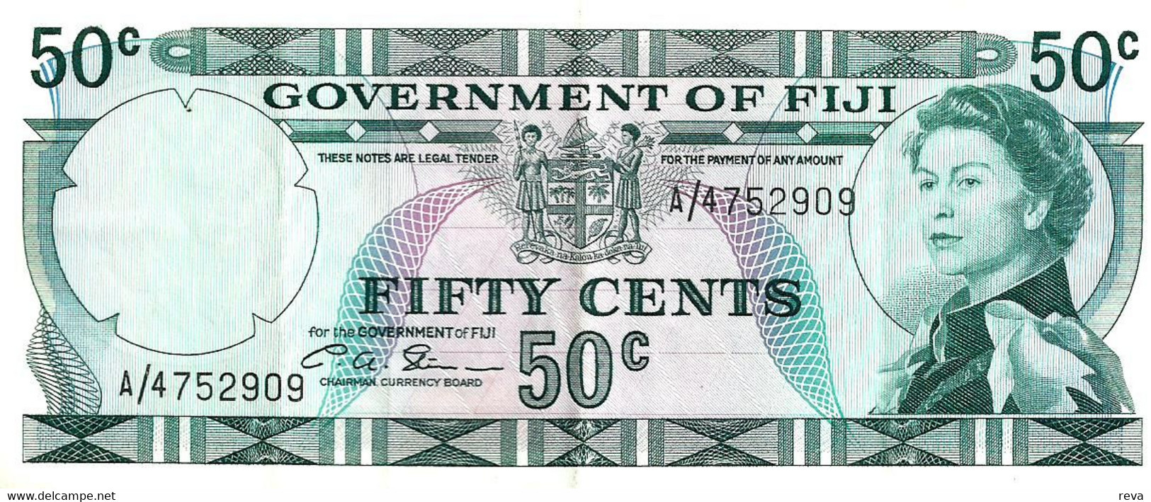 FIJI 50 CENTS BLUE QEII HEAD FRONT & NATIVE HUT BACK ND(1971)P.64b SIGNATURE C.A. STINSON  VF+.READ DESCRIPTION - Fiji