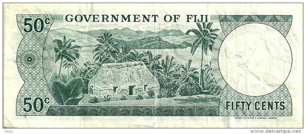 FIJI 50 CENTS BLUE QEII HEAD FRONT & NATIVE HUT BACK ND(1971)P.64b SIGNATURE C.A. STINSON  VF+.READ DESCRIPTION - Figi