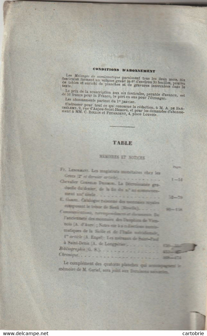 MÉLANGES De NUMISMATIQUE Par F. DE SAULCY Et Anatole DE BARTHÉLEMY 1er ET 2è Fascicules 1878 - Livres & Logiciels