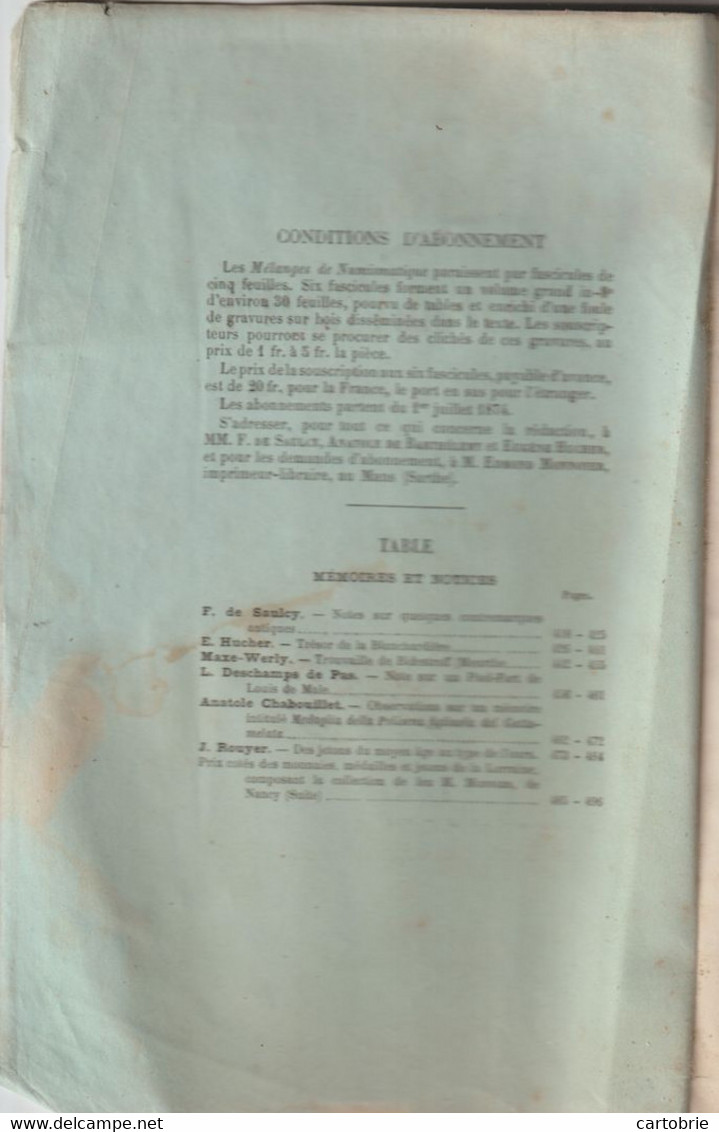 MÉLANGES De NUMISMATIQUE Par F. DE SAULCY, Anatole DE BARTHÉLEMY Et Eugène HUCHER 6è Fascicule 1875 - Livres & Logiciels