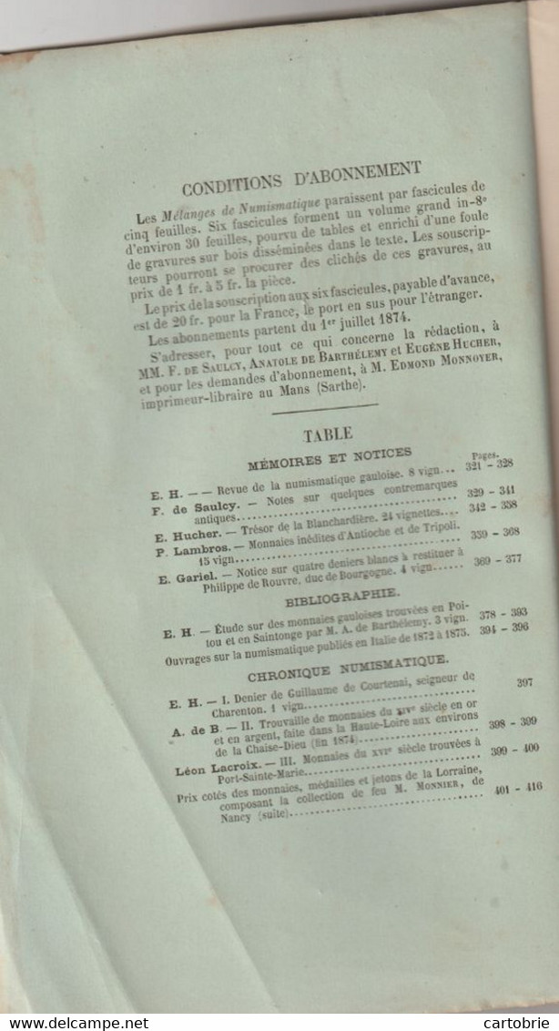 MÉLANGES De NUMISMATIQUE Par F. DE SAULCY, Anatole DE BARTHÉLEMY Et Eugène HUCHER 5è Fascicule 1875 - Livres & Logiciels