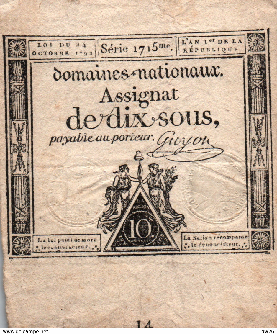 Assignat De Dix Sous, Payable Au Porteur - Série 1715e - Domaines Nationaux, Filigrane Louis XVI - Graveur Gatteaux - Assignats