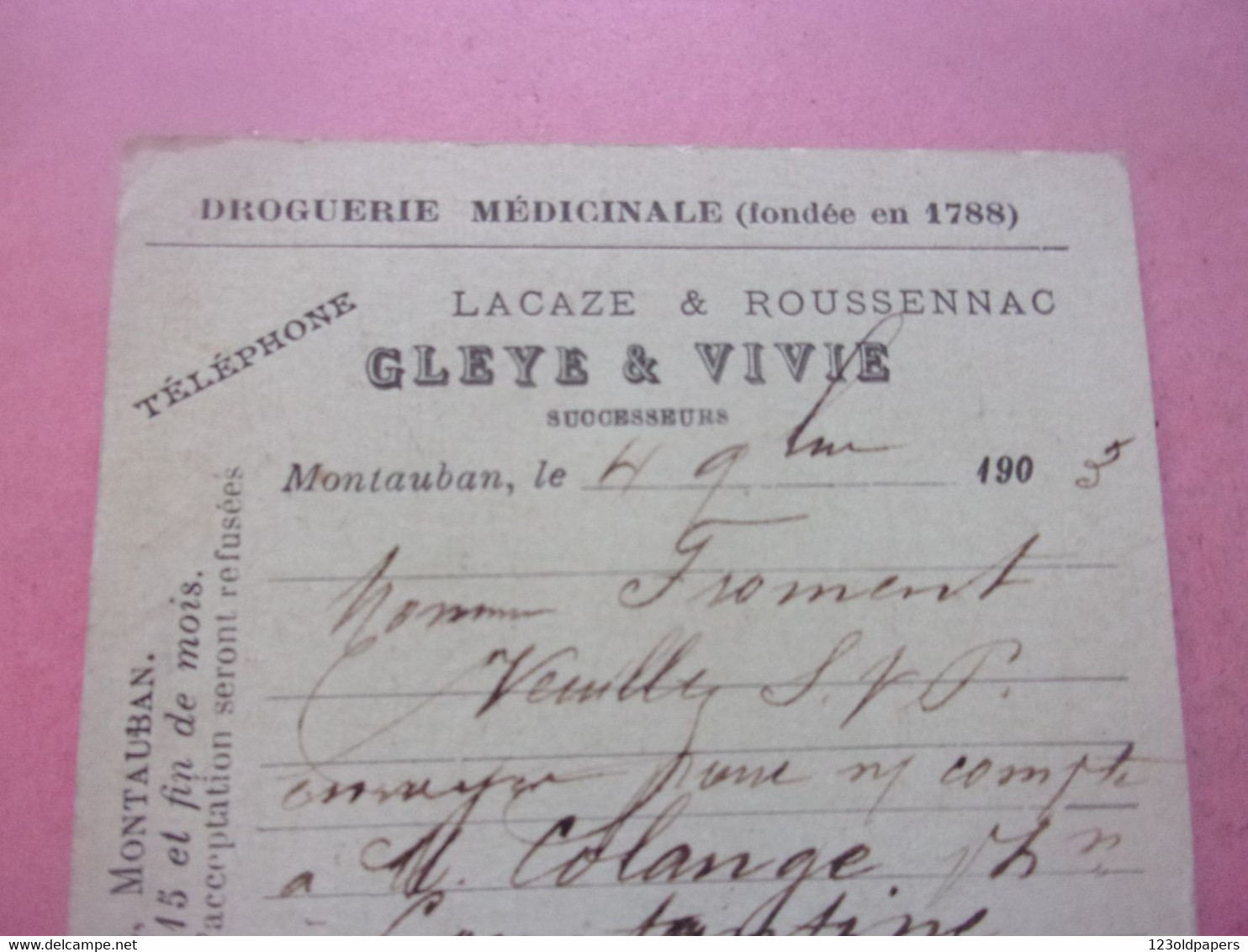 82 MONTAUBAN 1903 / ENTIER POSTAL  DROGUERIE MEDECINE / LACAZE ROUSSENNAC GLEYE VIVIE - Montauban