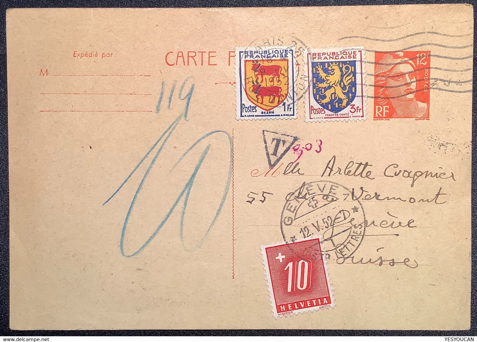 PARIS RUE DANTON 1952 Cad Entier Postal C.p 12f Gandon+Armoiries > Genéve Avec Timbre-taxe Suisse (France Schweiz - Standard Postcards & Stamped On Demand (before 1995)