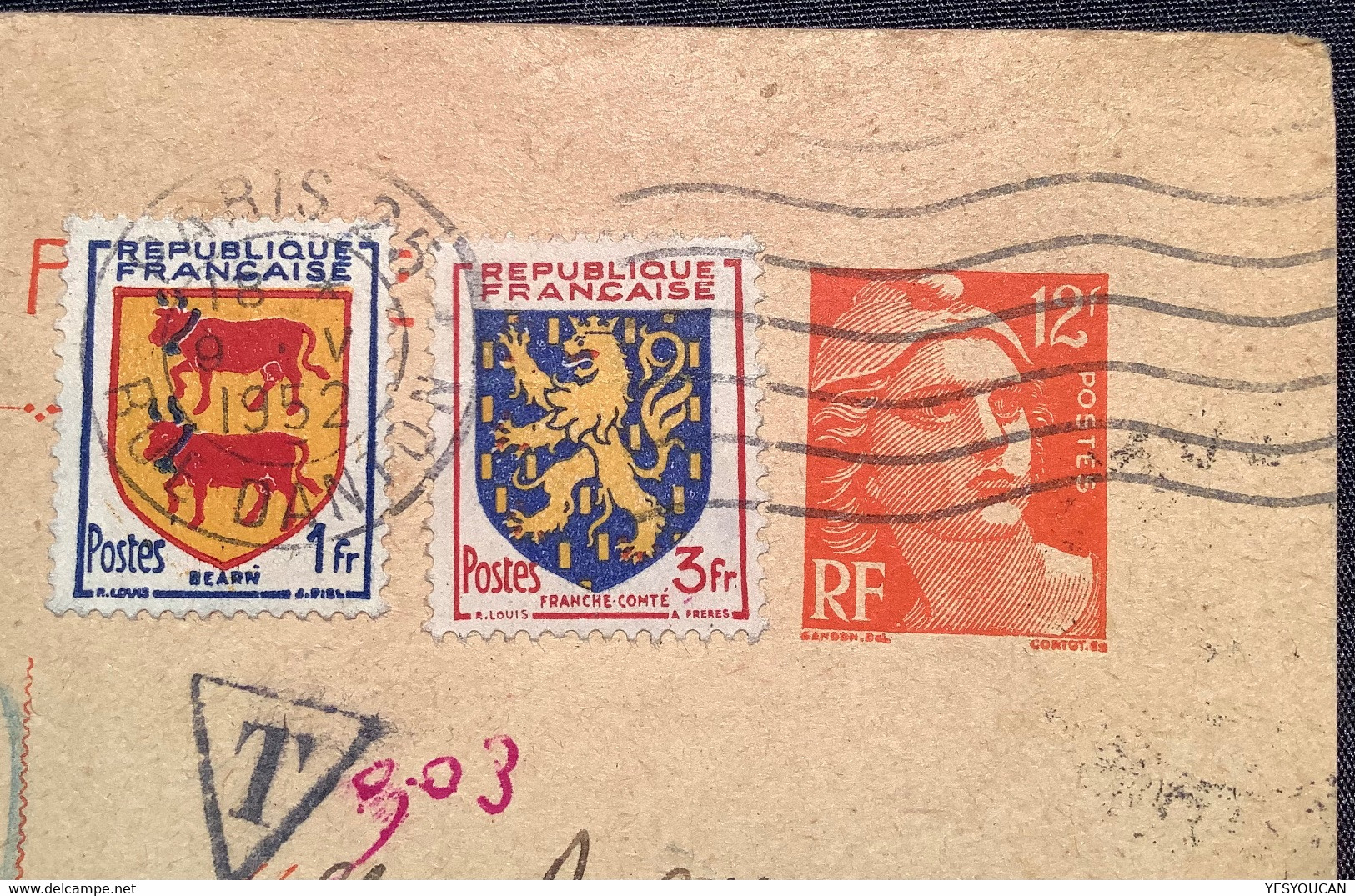 PARIS RUE DANTON 1952 Cad Entier Postal C.p 12f Gandon+Armoiries > Genéve Avec Timbre-taxe Suisse (France Schweiz - Cartes Postales Types Et TSC (avant 1995)
