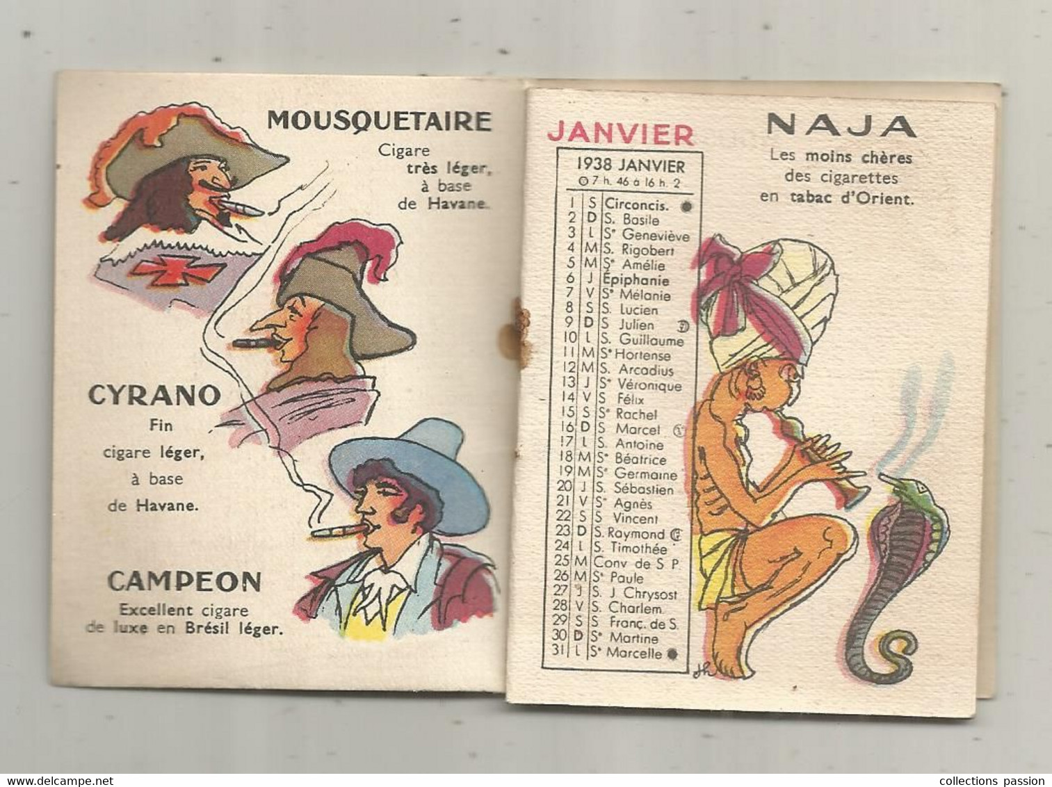 Calendrier , Almanch, Tabacs Et Allumette SEITA, 1938, NAJA ,MOUSQUETAIRE,CYRANO, CAMPEON....., 4 Scans - Tamaño Pequeño : 1921-40