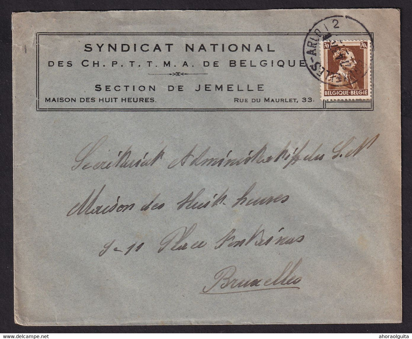 DDCC 840 - Enveloppe TP Col Ouvert Ambulant BRUXELLES-ARLON 2 En 1937 Vers BXL - Entete Syndicat National à JEMELLE - Bahnpoststempel