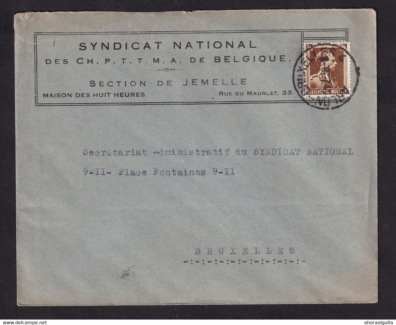 DDCC 841 - Enveloppe TP Col Ouvert Ambulant ARLON-BRUXELLES 4 En 1938 Vers BXL - Entete Syndicat National à JEMELLE - Bahnpoststempel