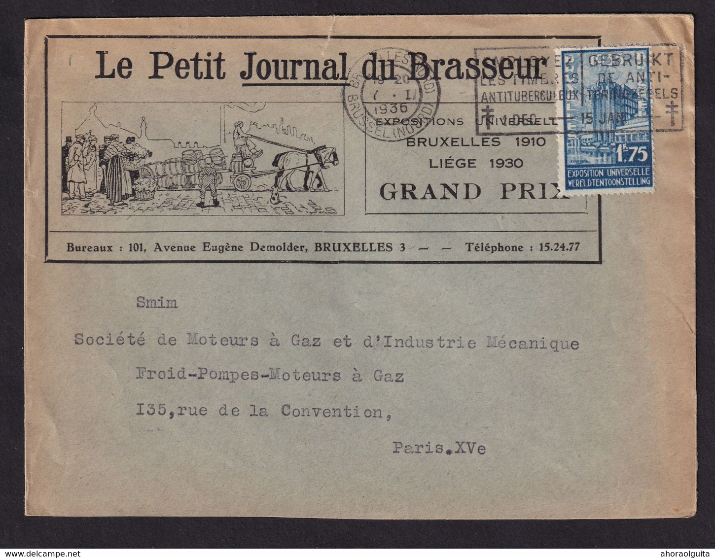 DDCC 851 - Belgique SUPERBE Entete Illustrée CHEVAL - Le Petit Journal Du Brasseur - TP Expo Bruxelles 1936 Vers Paris - Bières