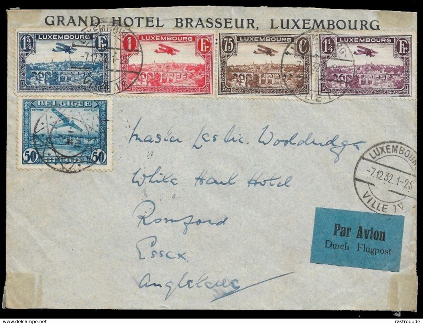 1932 AIRMAIL FLUGPOST - MIXED FRANKING BELGIUM LUXEMBURG TO UK - Yv. 2,3,4,5 + Yv. 1 - Covers & Documents