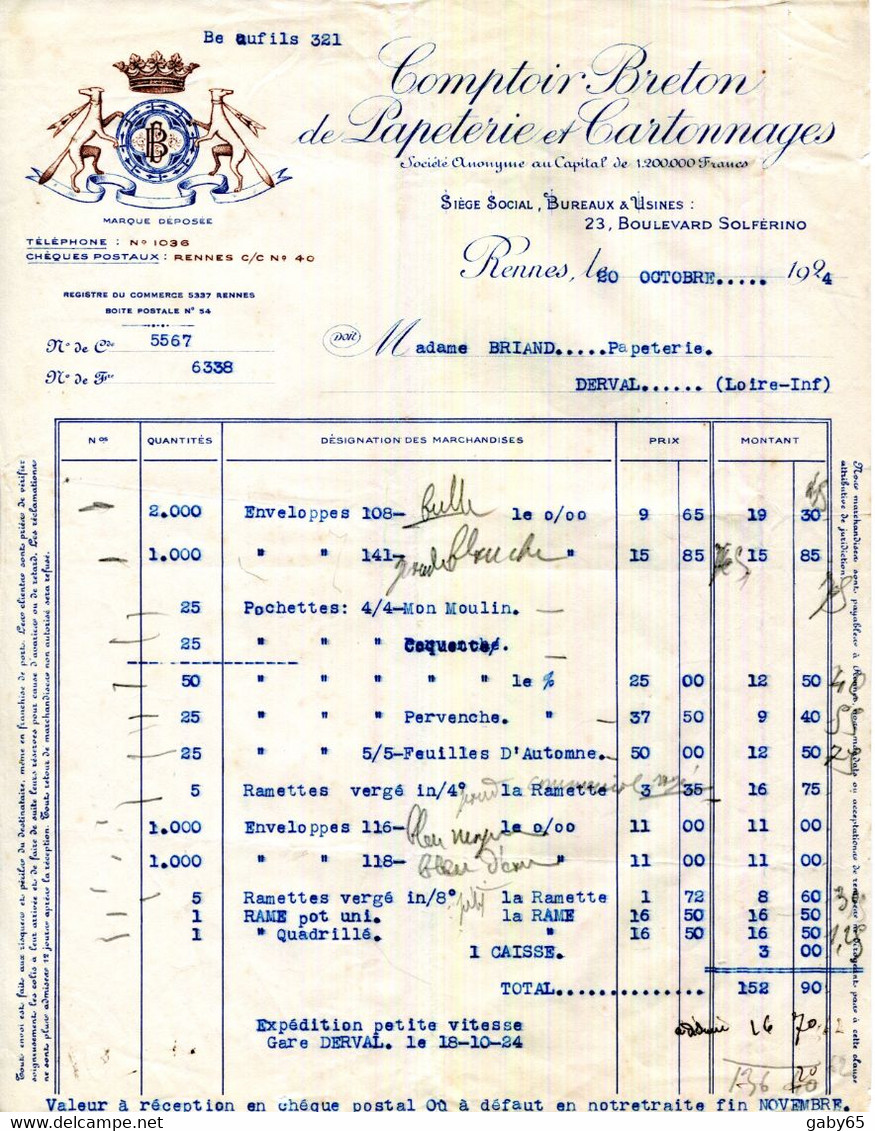 FACTURE.35.ILLE & VILAINE.RENNES.COMPTOIR BRETON DE PAPETERIE ET CARTONNAGES 23 BOULEVARD SOLFERINO. - Druck & Papierwaren