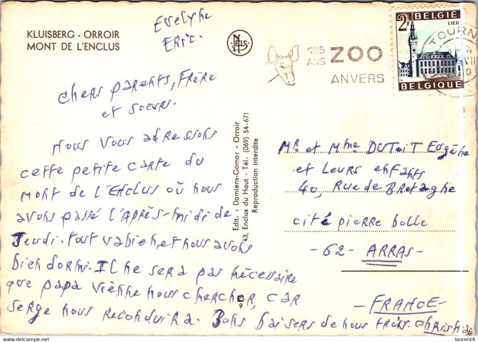 (2 M 3) Belgium (posted To France 1963) - Kluisberg  - Mont De L'Enclus  (125 Years Anvers ZOO Postmark) - Kluisbergen