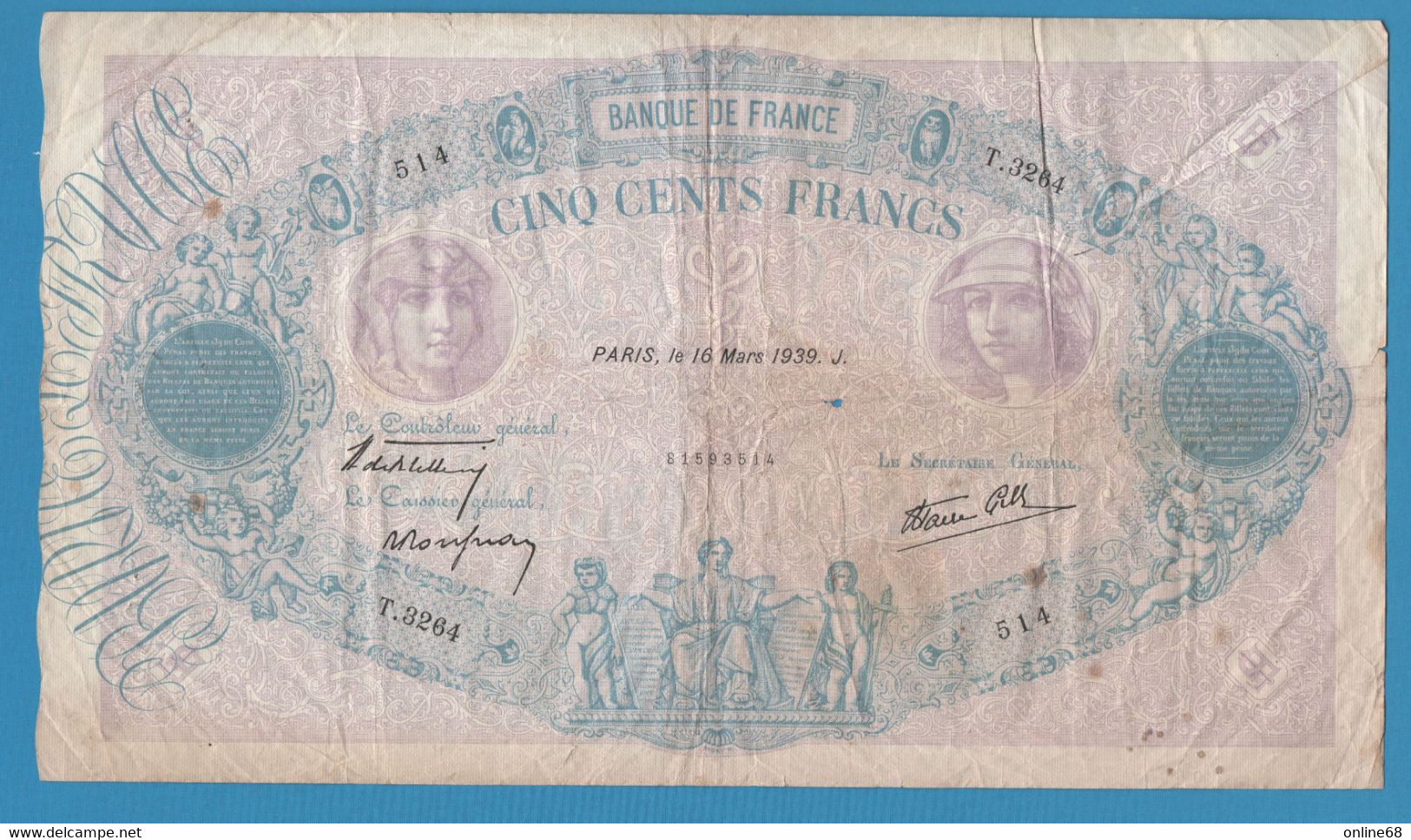 FRANCE 500 FRANCS 16.03.1939  # T.3264 F# 31 Bleu Et Rose - 500 F 1888-1940 ''Bleu Et Rose''