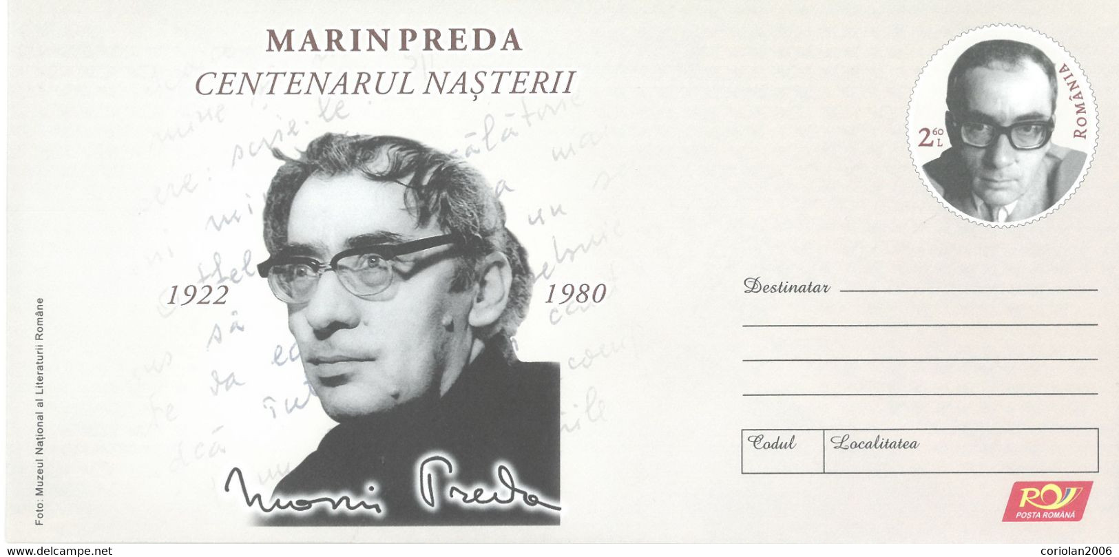 Romania Postal Stationery / Marin Preda - Ecrivains