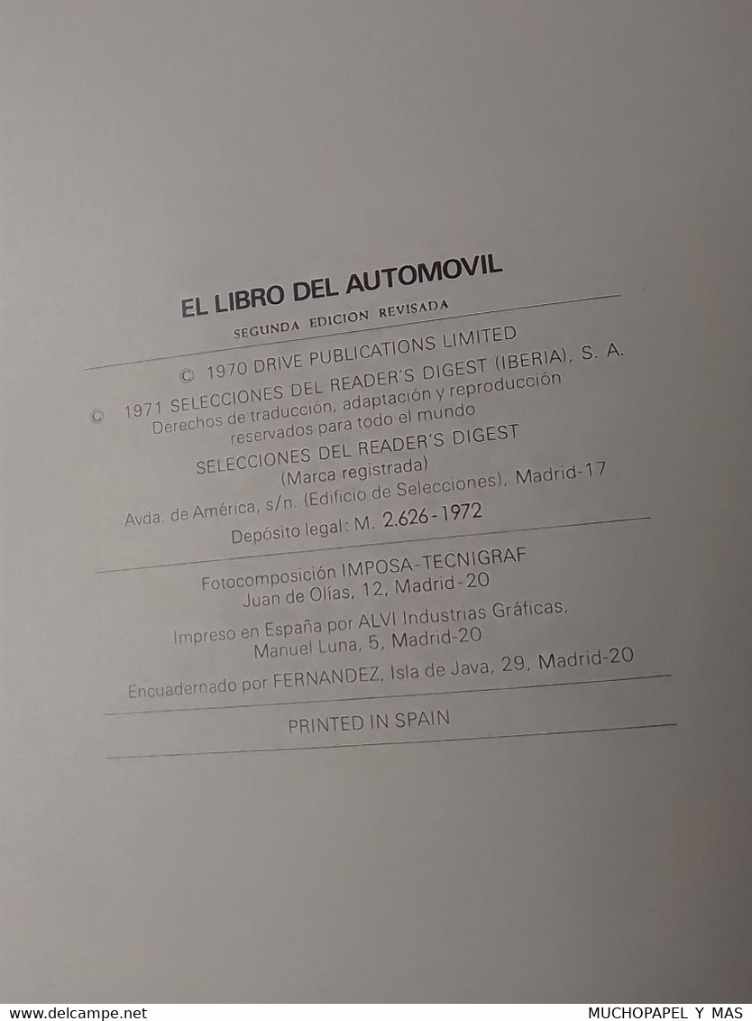 EL LIBRO DEL AUTOMÓVIL SELECCIONES DEL READER'S DIGEST SEGUNDA EDICIÓN REVISADA, D.L. 1972 VER FOTOS CARS COCHES VOITURE