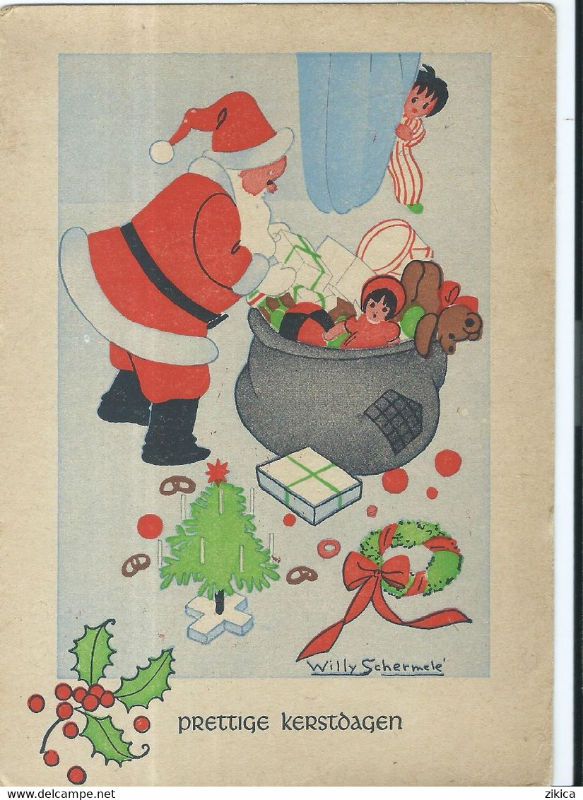 Netherlands Postcard,Illustrators - Signed > Schermele, Willy - Motive : Santa Claus,Teddy Bear,doll,toys,children,1948 - Schermele, Willy