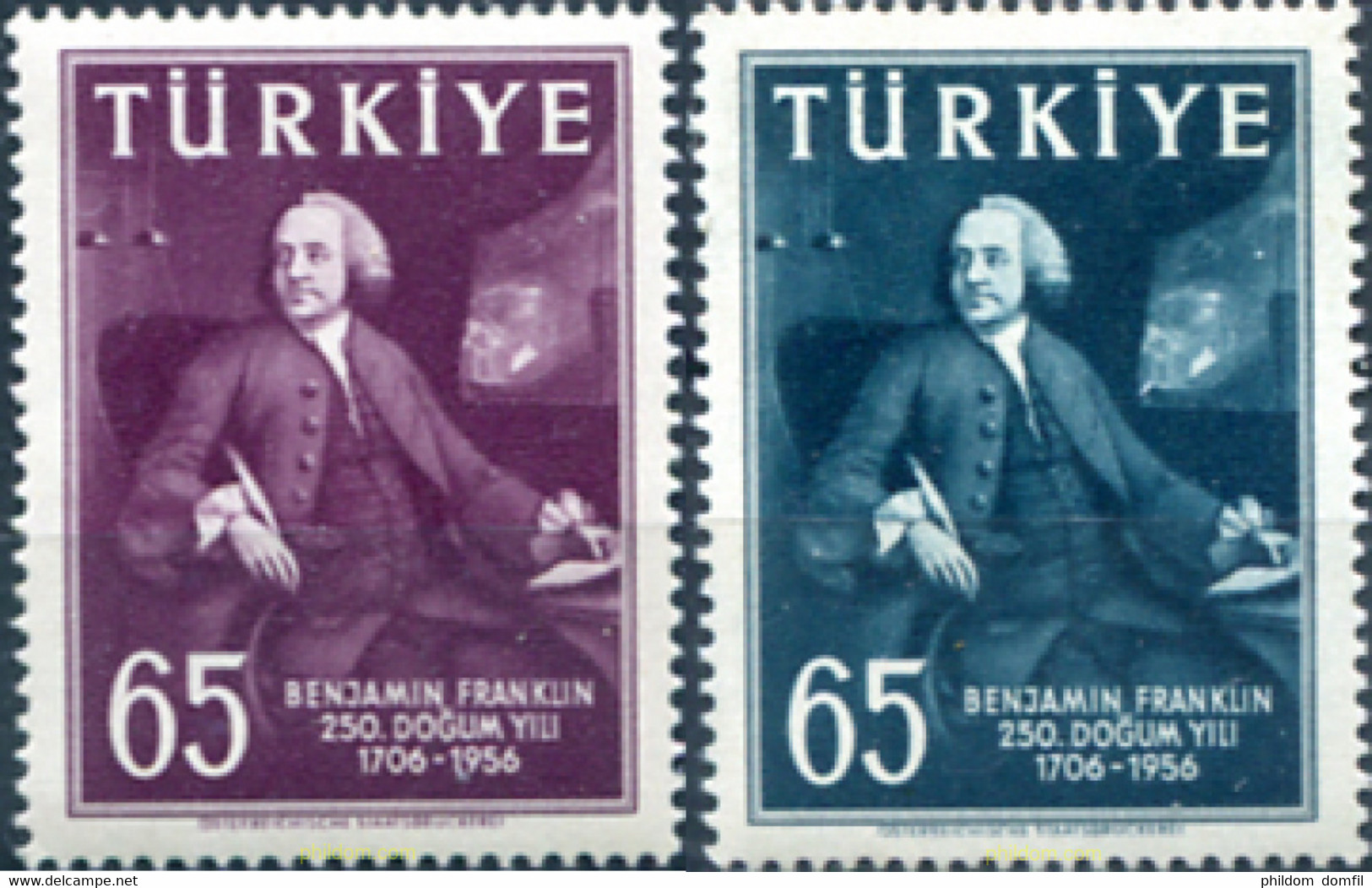 171706 MNH TURQUIA 1957 250 ANIVERSARIO DEL NACIMIENTO DE BENJAMIN FRANKLIN - ...-1858 Préphilatélie