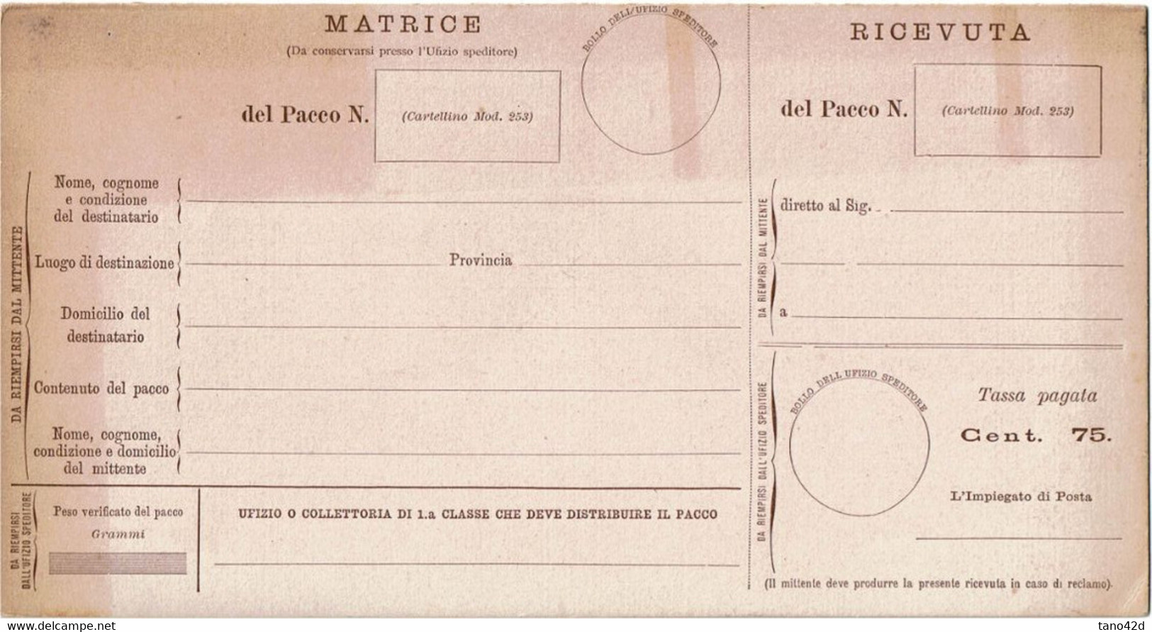 LACPI ITALIE COLIS POSTAL 75c COUPON ATTACHE - Postal Parcels