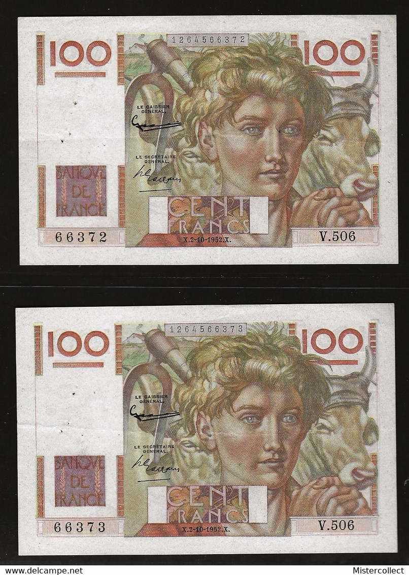 2 Billets Consécutifs 100 F Jeune Paysan 1952 - 100 F 1945-1954 ''Jeune Paysan''