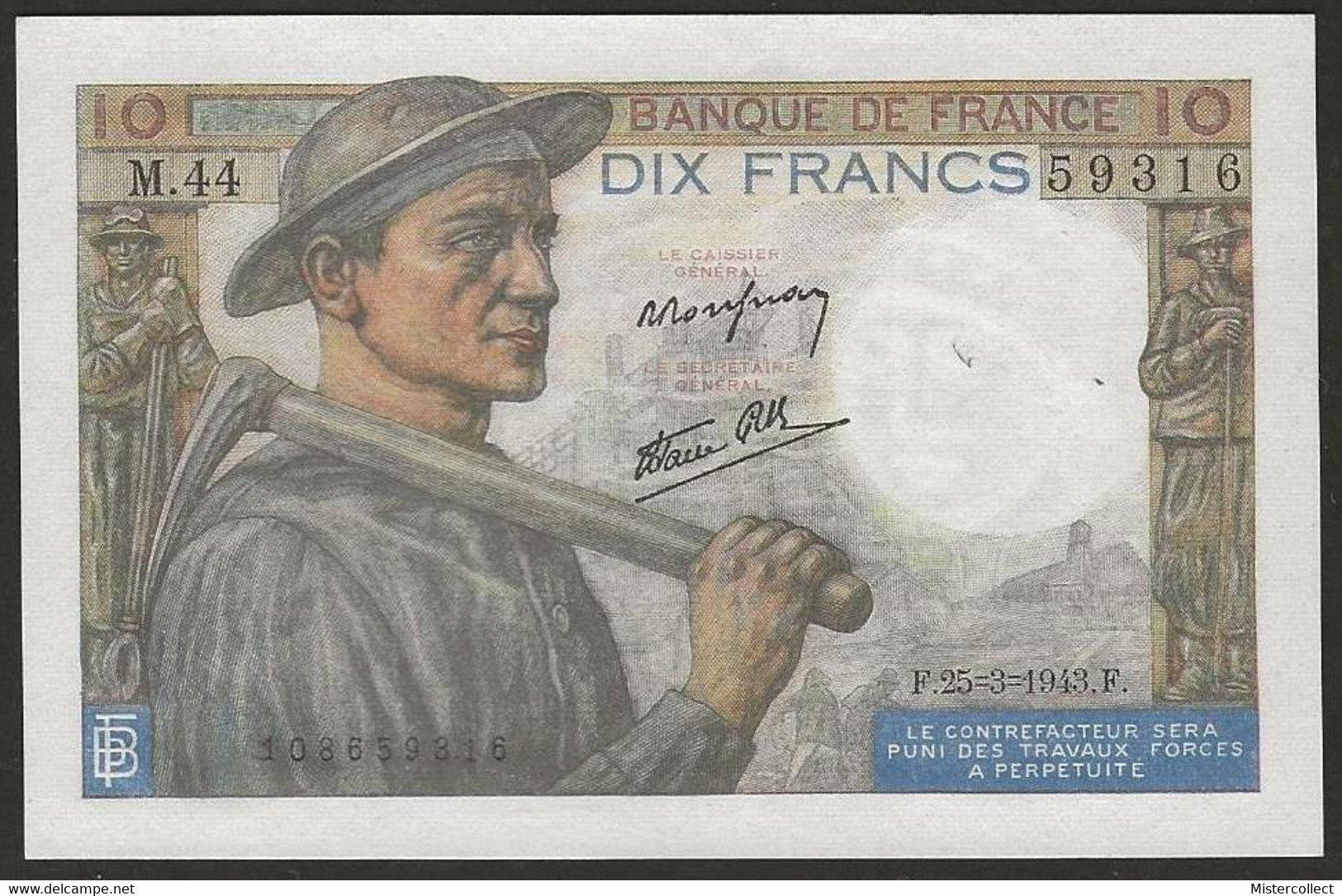 Billet 10 F MINEUR 1943 - 10 F 1941-1949 ''Mineur''