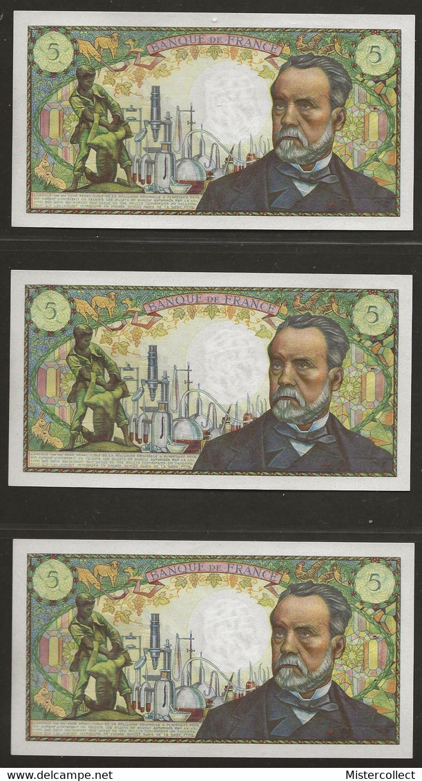 3 Billets Consécutifs 5 F PASTEUR 1969 - 5 F 1966-1970 ''Pasteur''