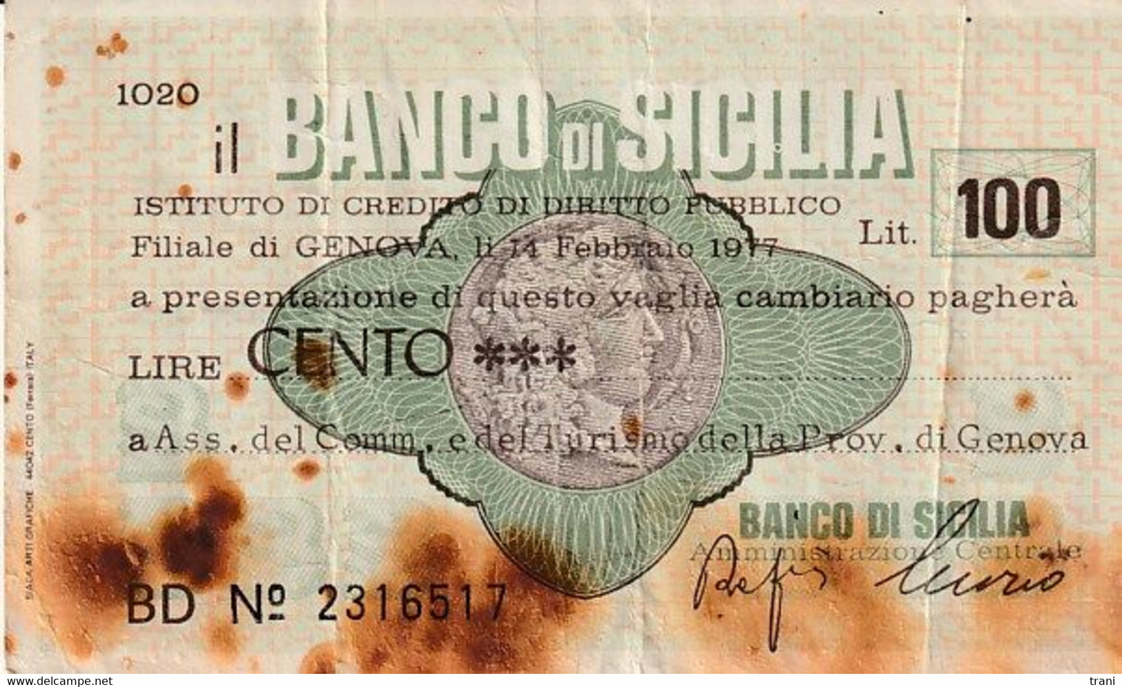 BANCO DI SICILIA - Lire 100 - Anno 1977 - Sonstige & Ohne Zuordnung