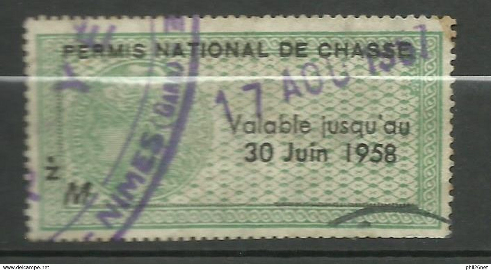 France Fiscaux Permis National De Chasse  N° 72 Jusqu'au 30/06/1958   Oblitéré    AB...   Voir Scans Soldé ! ! ! - Timbres