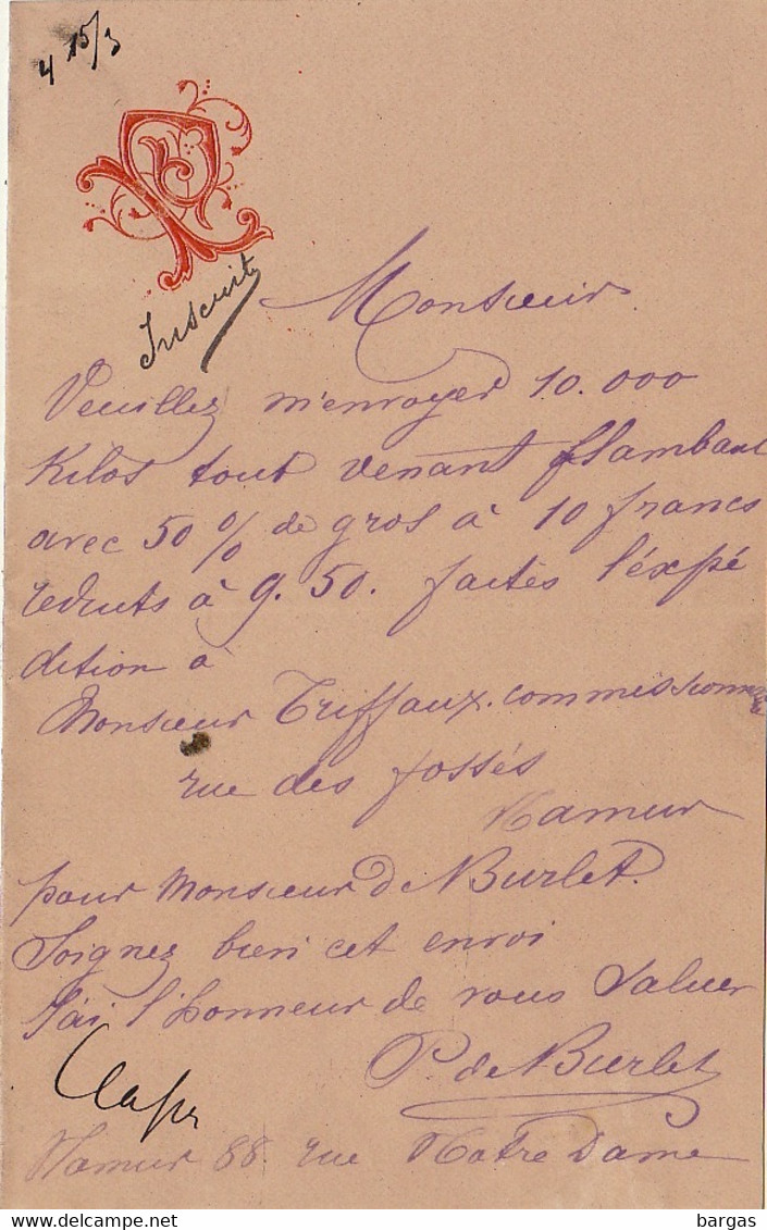 Vers 1890 Lettre Commande De Charbon P. De Burlet à Namur - 1800 – 1899
