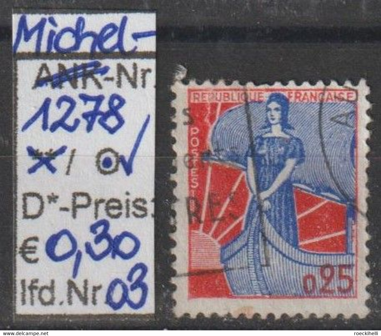 1960 - FRANKREICH - FM/DM "Marianne Am Bug" 0,25 Fr Orangerot/blau - O Gestempelt - S.Scan (fr 1278o 01-04) - 1959-1960 Marianne (am Bug)