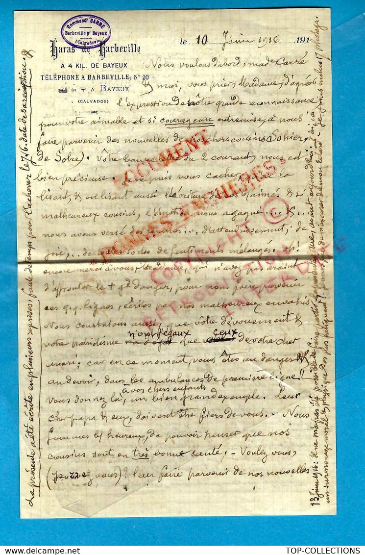 1916  GUERRE 1914-1918 WW1 HARAS BARBEVILLE  Bayeux Calvados CAPITAINE CARRE  LETTRE SON FILS ENGAGE LAC D'ARDZAN - Documents Historiques