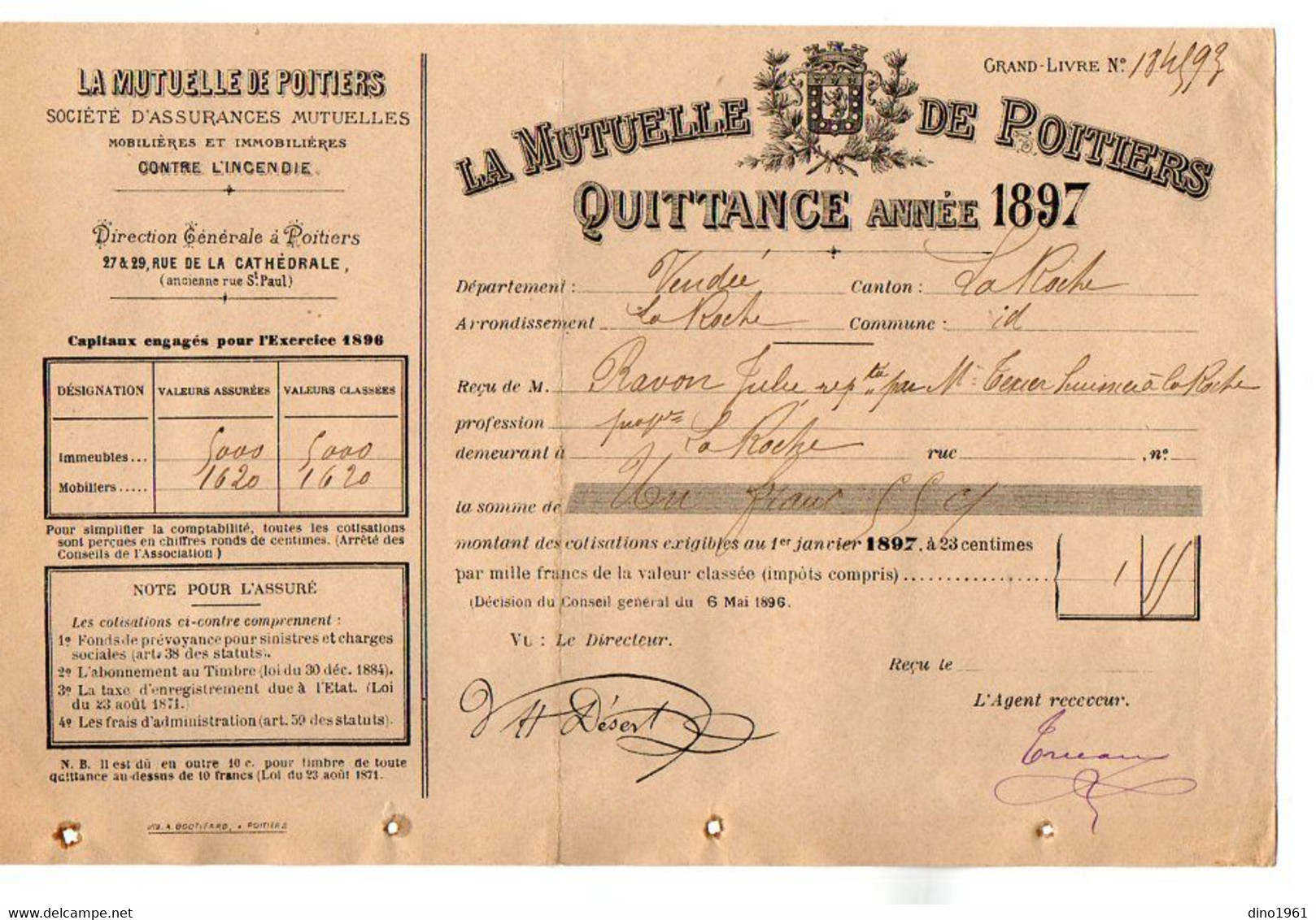 VP20.972 - 1897 - Quittance - Société D'Assurances ¨ LA MUTUELLE DE POITIERS ¨ - Banco & Caja De Ahorros