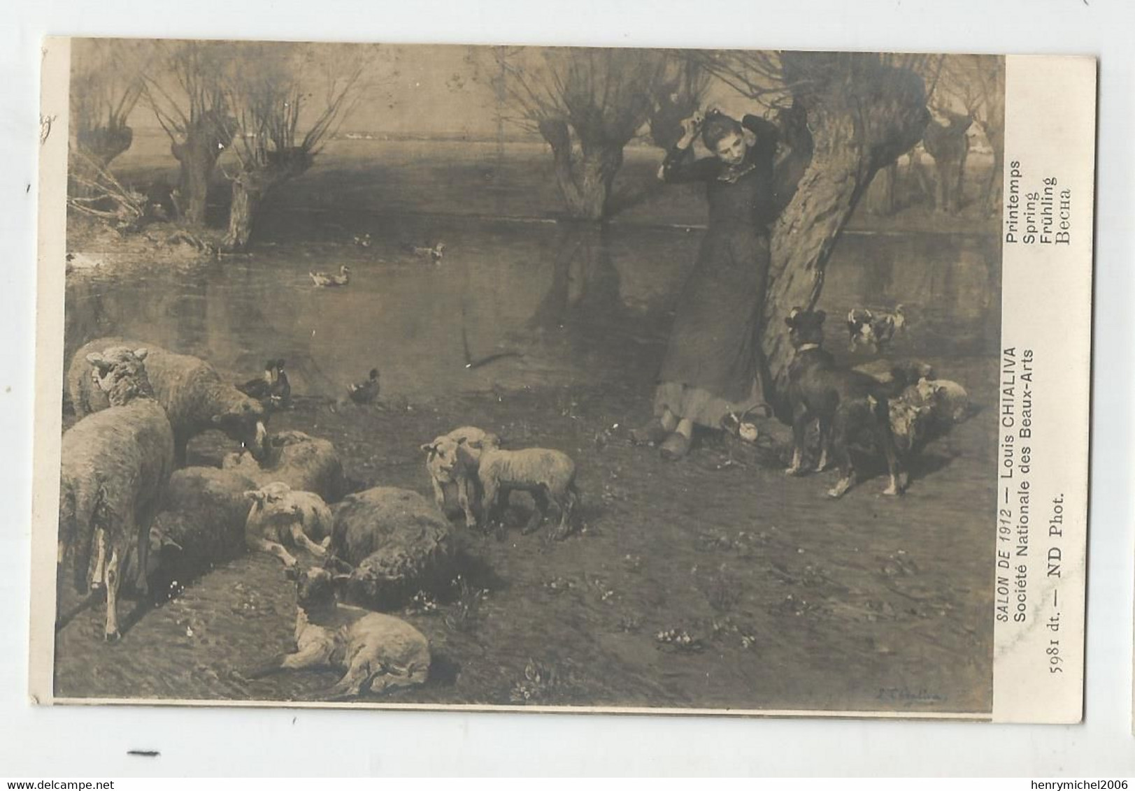 Cpa Salon De 1912 Louis Chialiva Printemps Femme Moutons Chien étang .. - Malerei & Gemälde