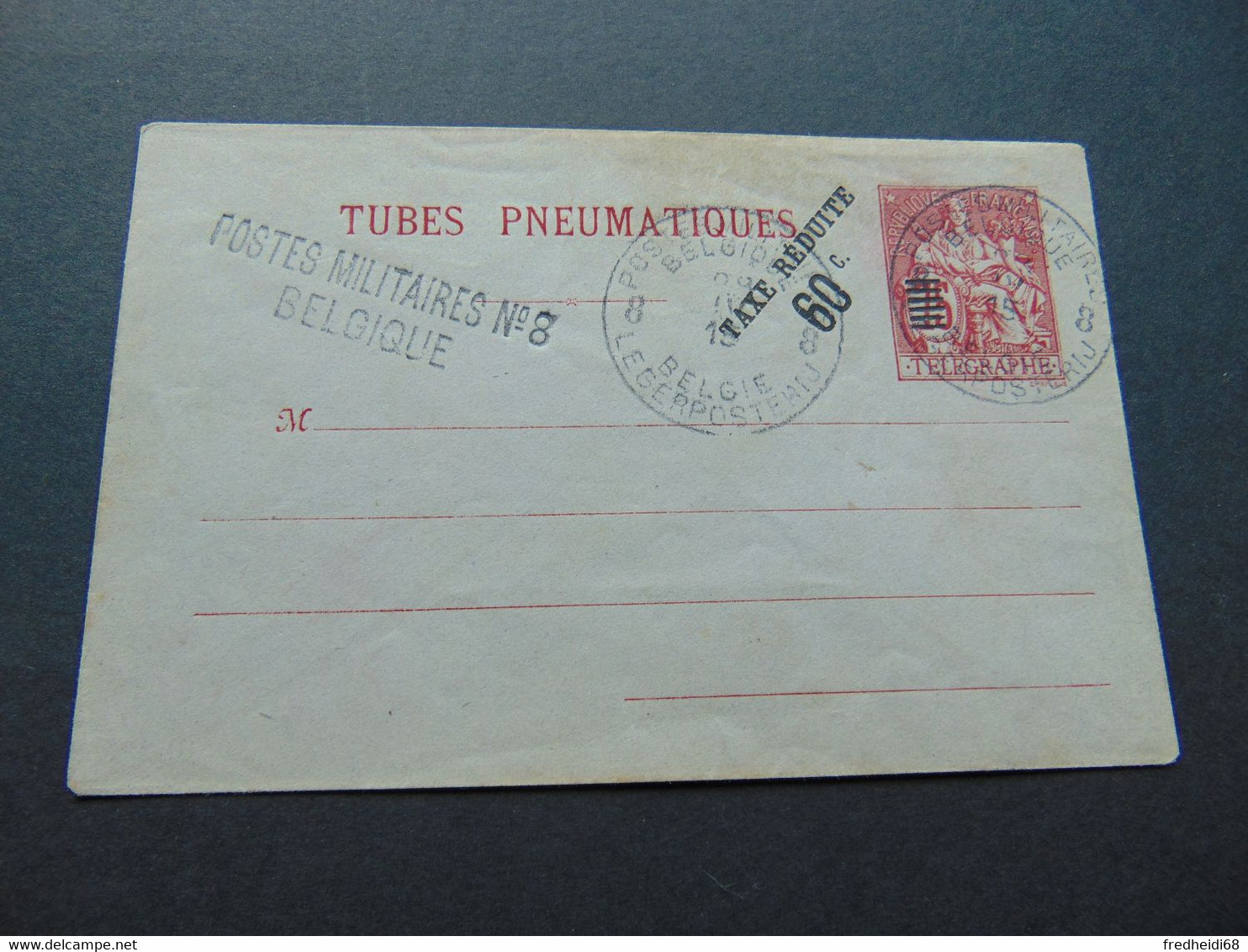 Rare Enveloppe Pneumatique Française à 75c Avec Surcharge Taxe Réduite à 60c Utilisée Par Postes Militaires Belges - Variétés/Curios.