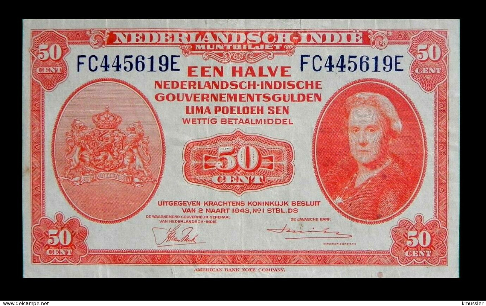 # # # Banknote Niederländisch Indien (Neth. Indies) 50 Cents 1943 # # # - Indes Neerlandesas