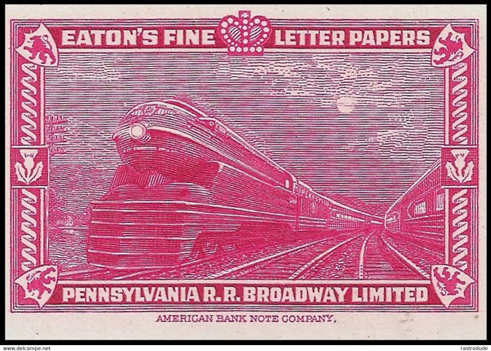 1939 PROOF -  AMERICAN BANK NOTE - EATON'S FINE LETTER PAPERS -  PENNSYLVANIA R.R BROADWAY Ltd. BEAUTIFUL ENGRAVING - Trains