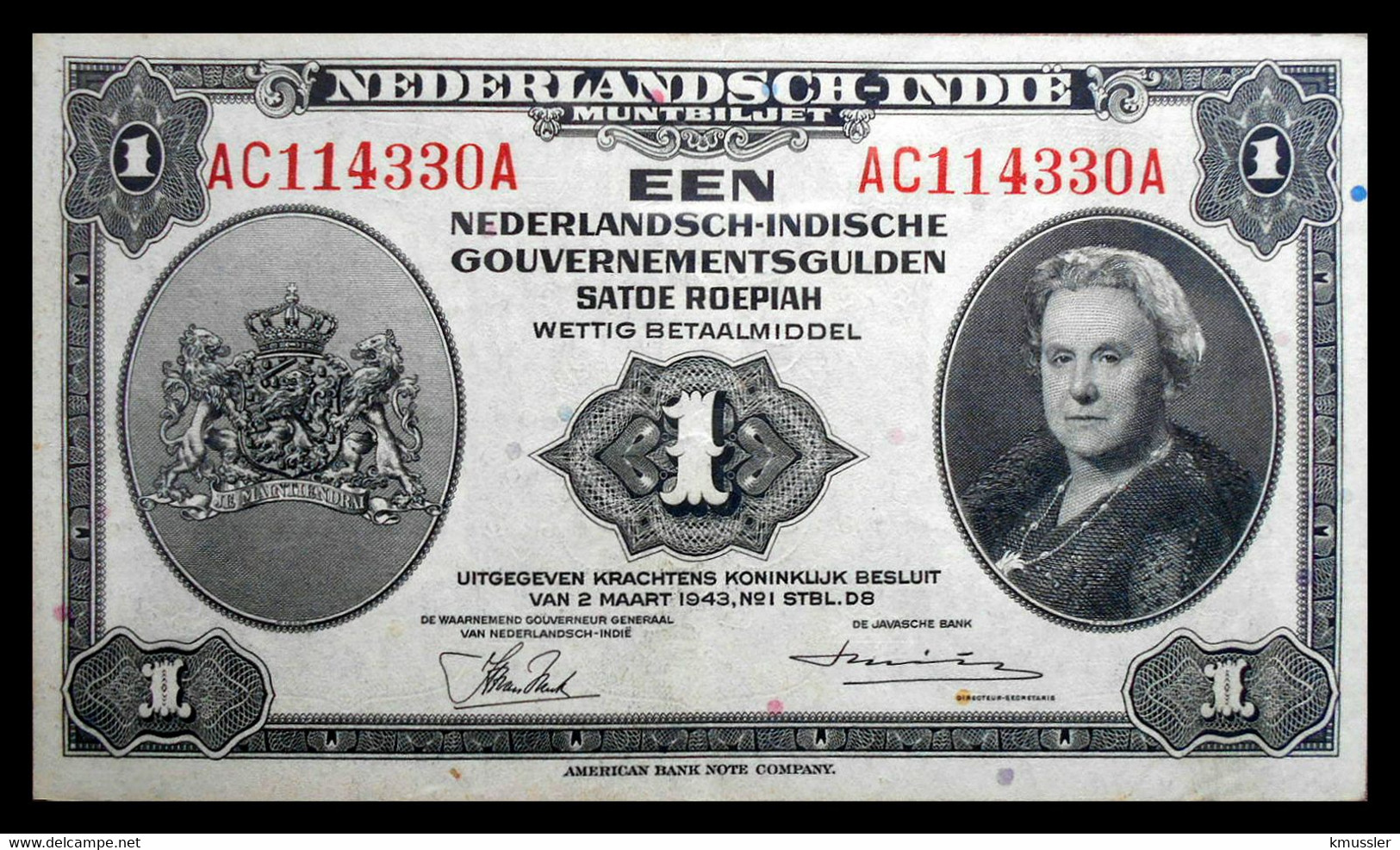 # # # Banknote Niederländisch Indien (Neth. Indies) 1 Gulden 1943 # # # - Dutch East Indies