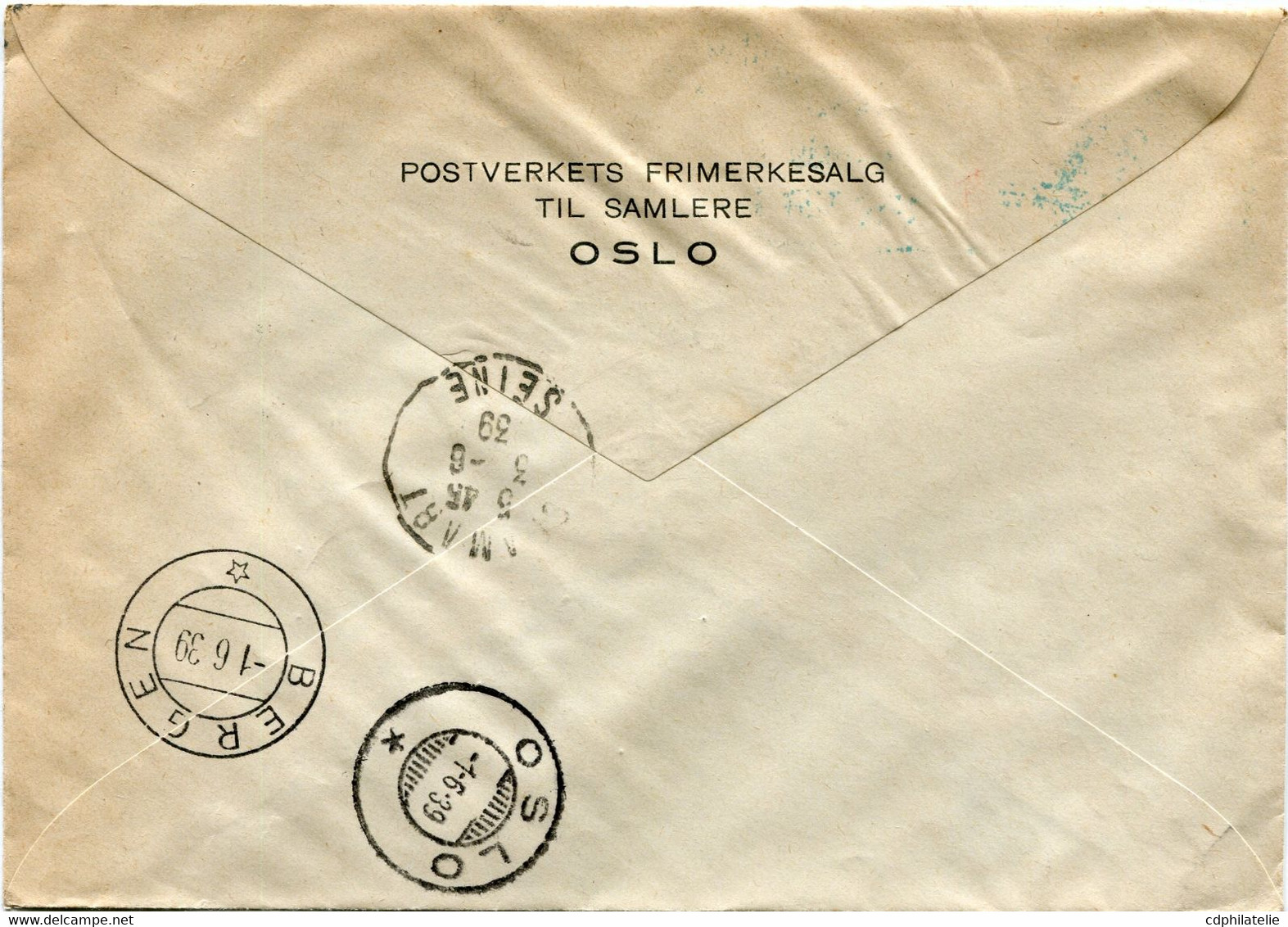 NORVEGE LETTRE RECOMMANDEE PAR AVION AVEC CACHET " LUFTPOSTRUTEN OSLO-BERGEN 1-6-1939 1ste TUR " DEPART OSLO 1-6-39..... - Covers & Documents