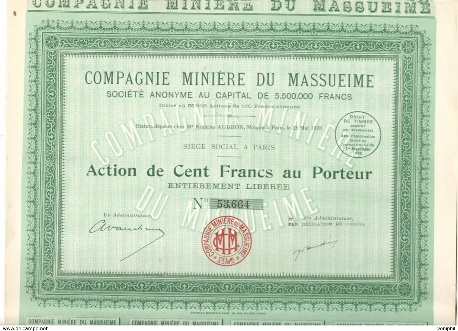 COMPAGNIE MINIERE DU MASSUEIME - LOT DE 5  ACTION DE CENT FRANCS -ANNEE 1928 - Mines