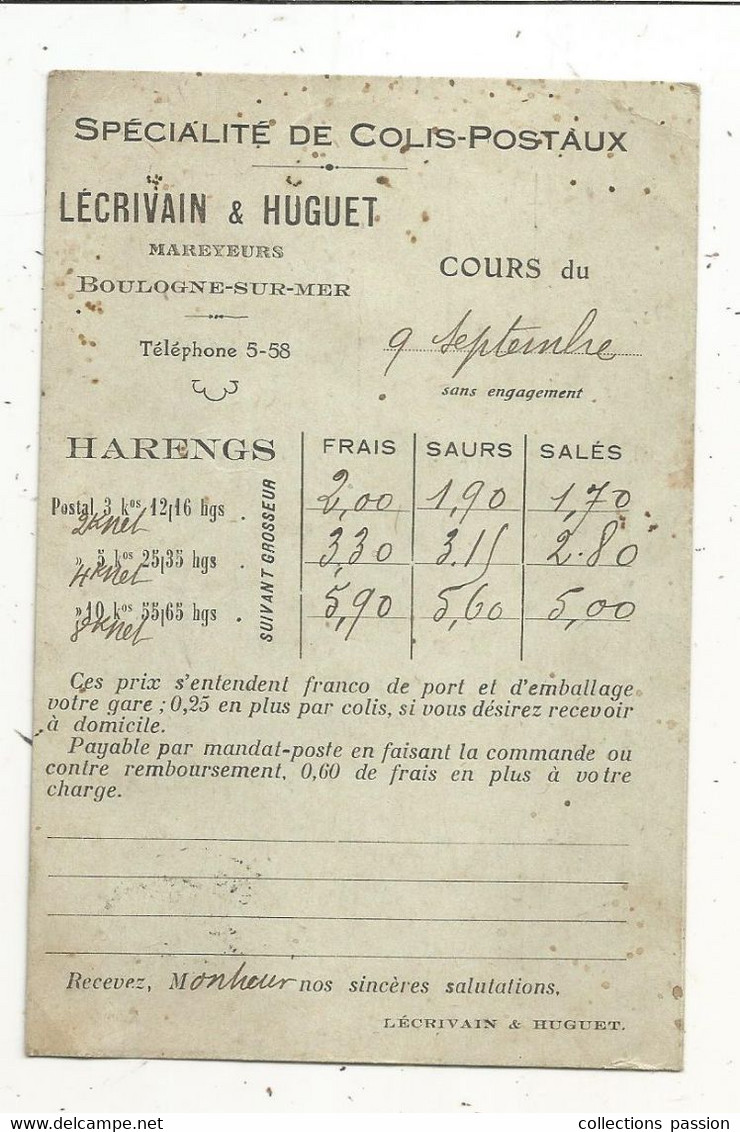 Cp, Publicité , Spécialité De Colis-postaux, LECRIVAIN & HUGUET, Mareyeurs , BOULOGNE SUR MER, Dos Simple , Voyagée 1913 - Publicité