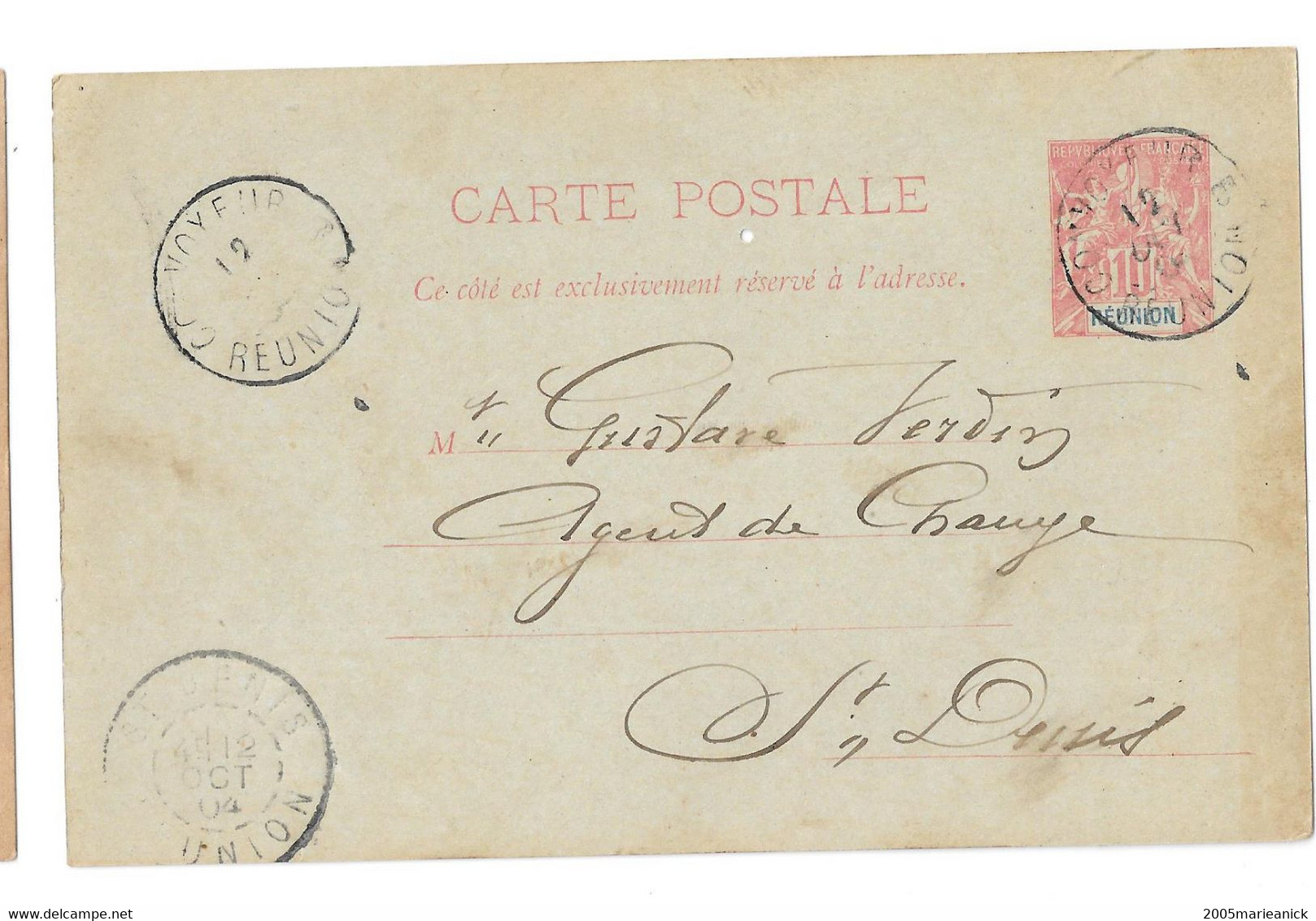 REUNION Carte Postale ENTIER 10c.rouge Timbre à Date CONVOYEUR 12 OCT. 04 Pour ST DENIS Timbre à Date D'arrivée Au Recto - Lettres & Documents