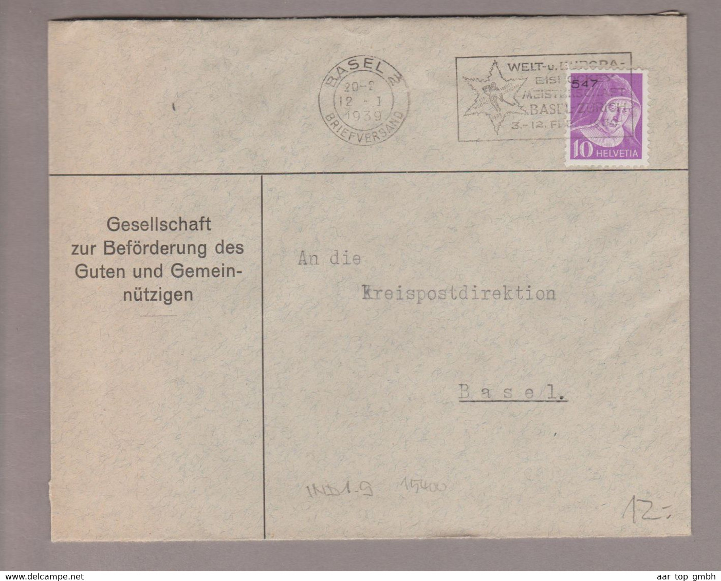 CH Portofreiheit Zu#16z 10Rp. GR#547 Brief 1939-01-12 Basel2 Gesellschaft Zur Beförderung Des Guten+Gemeinnützigen - Franchigia