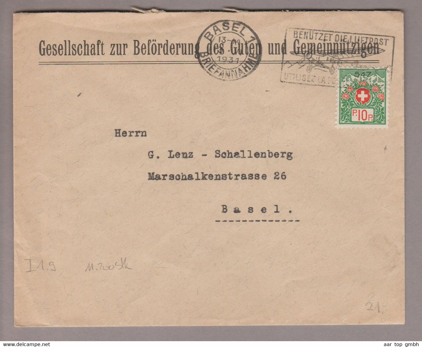 CH Portofreiheit Zu#9 10Rp. GR#547 Brief 1931-06-03 Basel1 Gesellschaft Zur Beförderung Des Guten+Gemeinnützigen - Franchigia