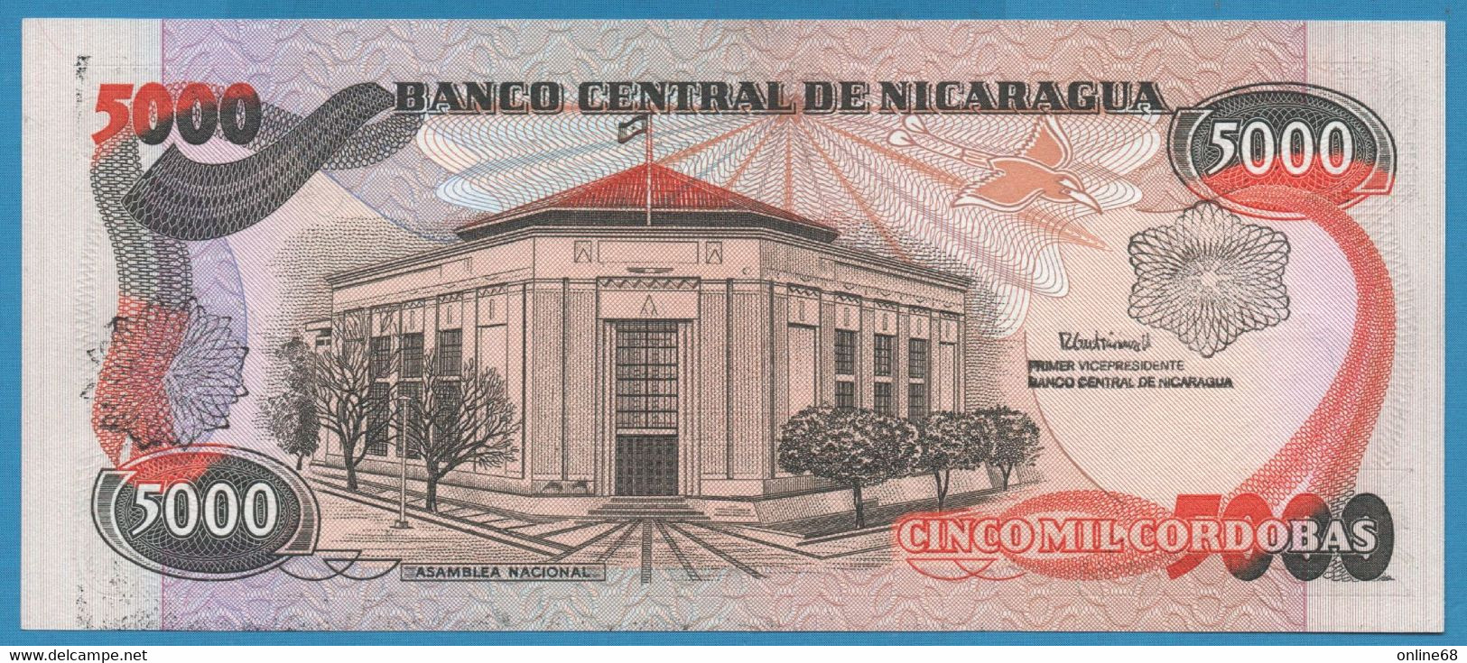 NICARAGUA 5000 CORDOBAS 1988 # G 69010744 P# 157 General Benjamin Zeledon Revalidation - Nicaragua