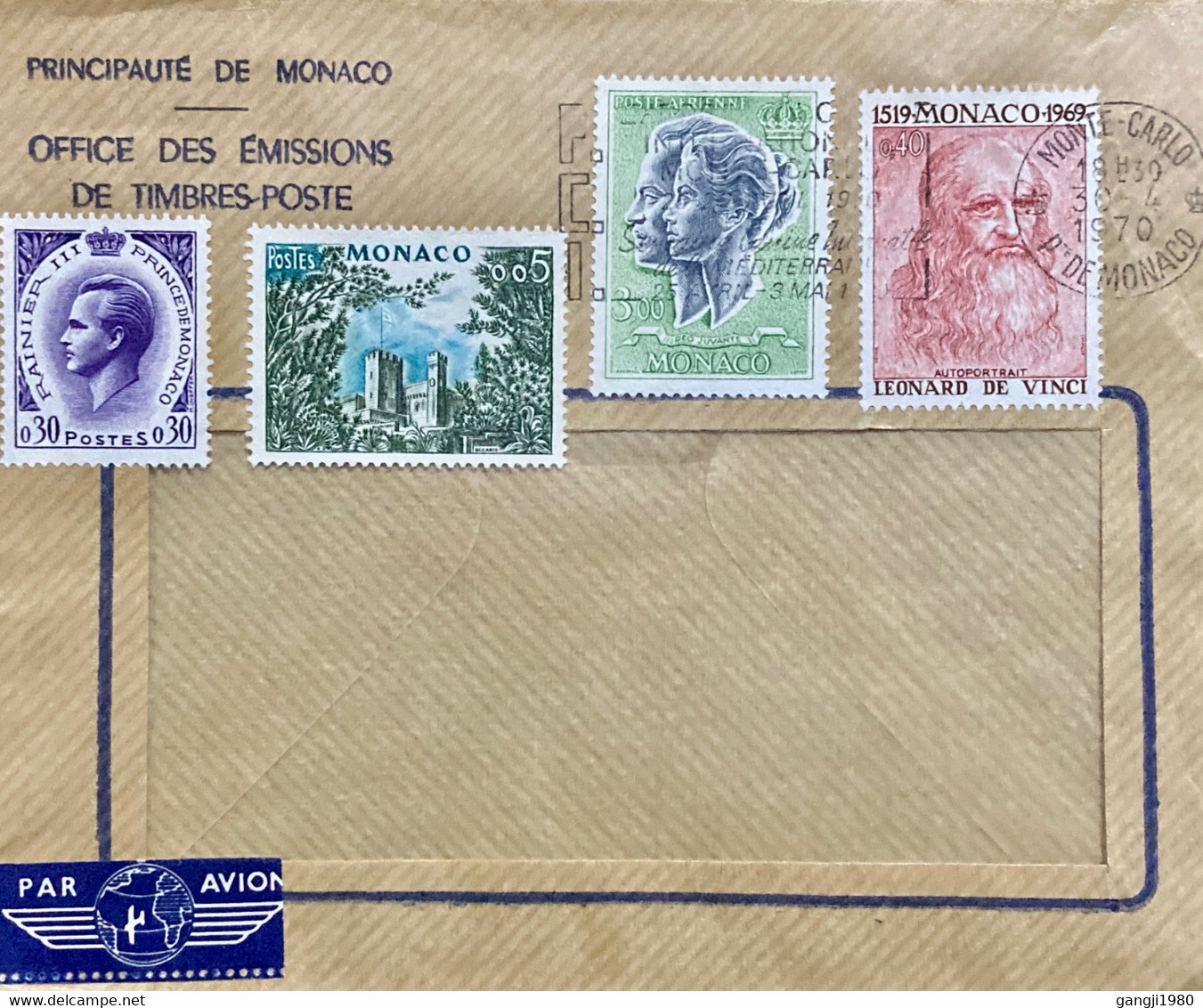 MONACO 1970. COVER USED,4 STAMPS, PRINCE RAINER, PRINCES GRACE, LEONARDO VINCHI,ARTIST, PALACE, BUILDING, CITY MONTE CA - ...-1885 Préphilatélie