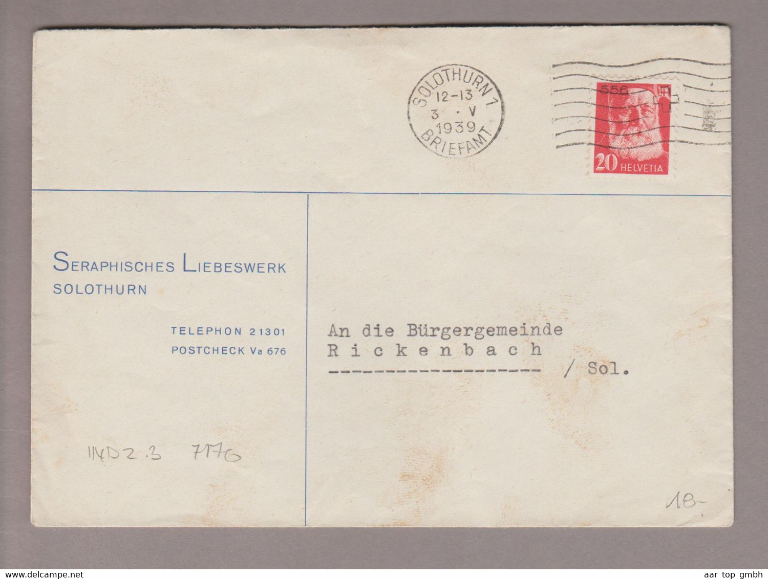 CH Portofreiheit Zu#16z 20Rp. GR#556 Brief 1939-05-03 Solothurn Seraphisches Liebeswerk Solothurn - Vrijstelling Van Portkosten