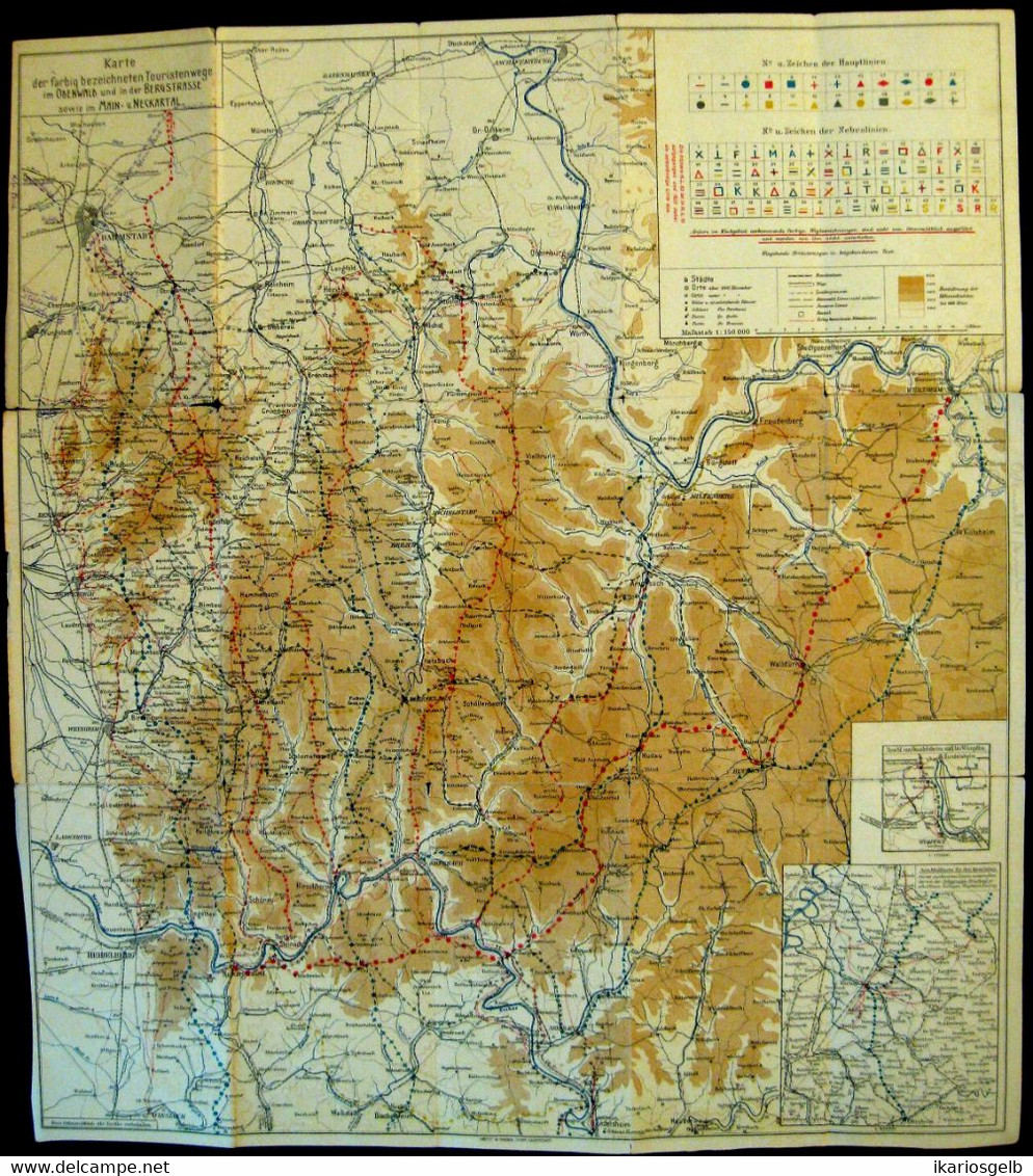 Odenwald Bergstrasse Main Neckar 1929 !!! Wanderkarte Des Odenwaldverein Mit Wanderwegen Topographie Landkarte 1:150.000 - Cartes Topographiques