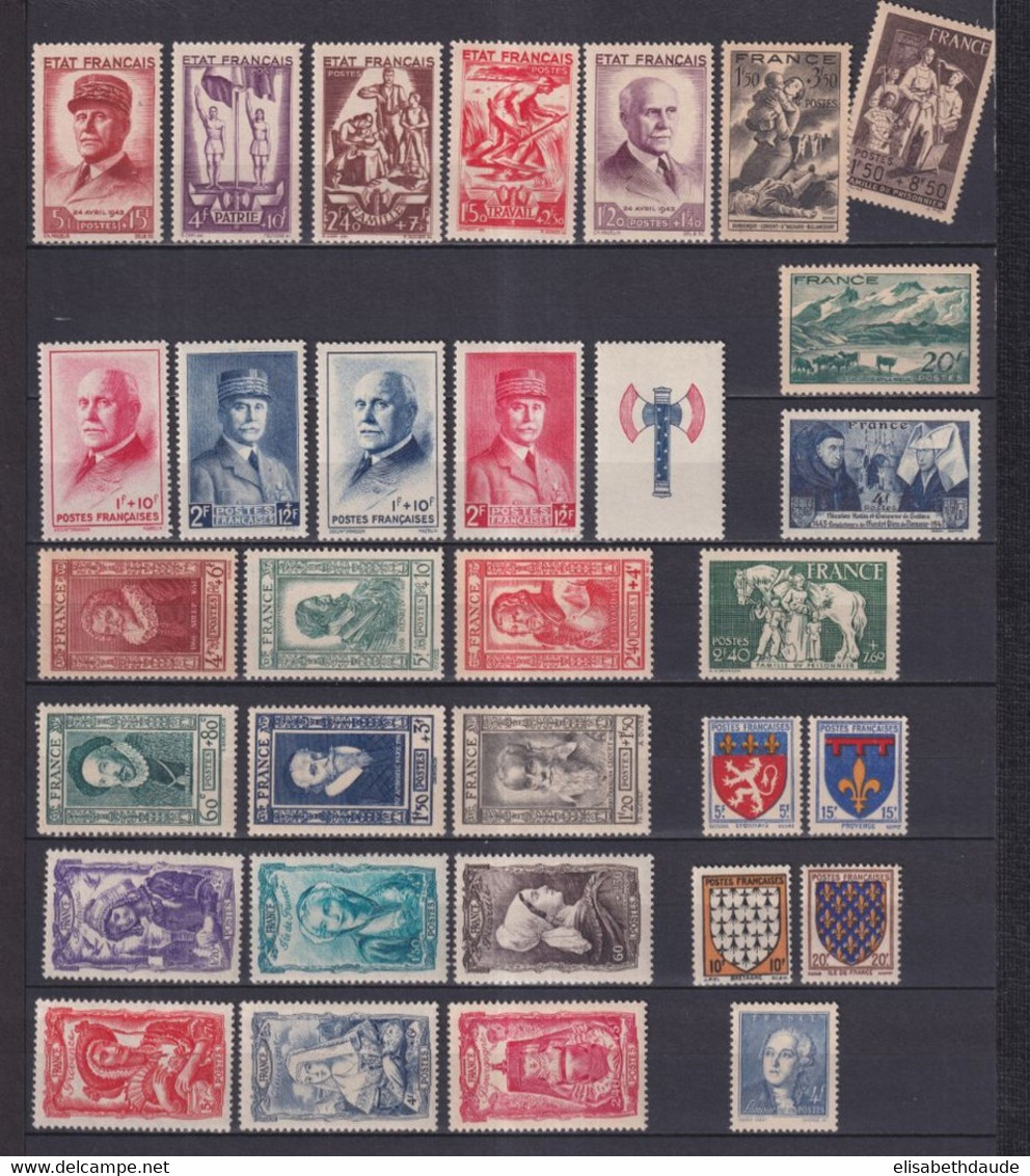 ANNEE 1943 COMPLETE - YVERT N°568/598 ** MNH  - 31 TIMBRES - COTE = 162 EUR. - 1940-1949