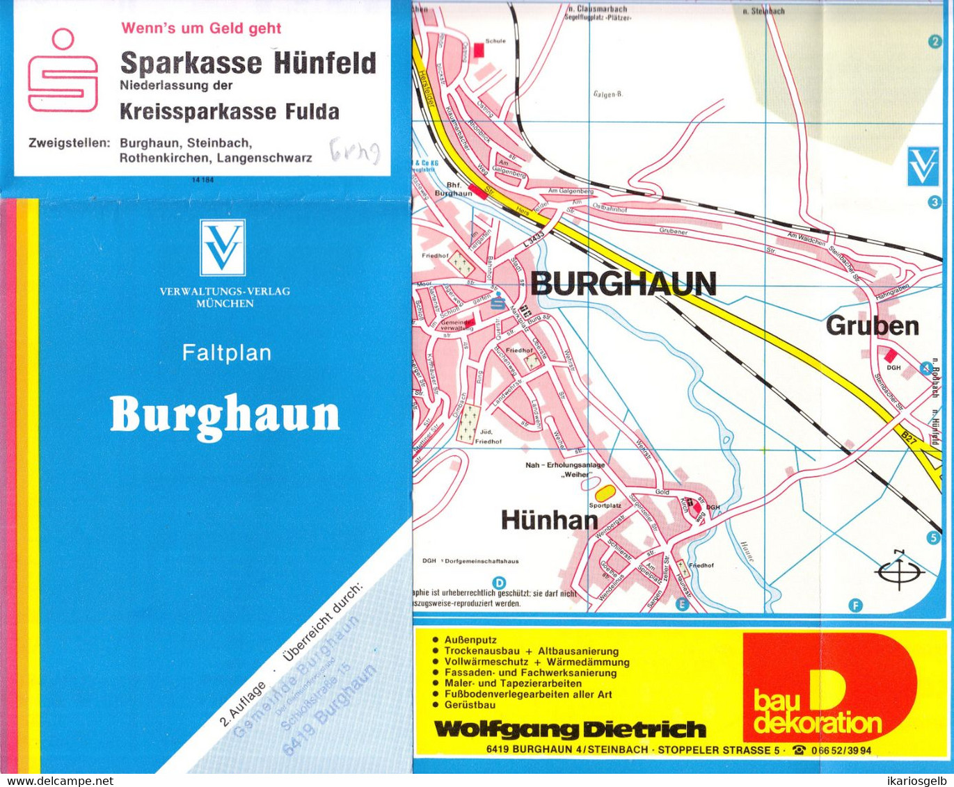 Burghaun Bei Fulda ~1989 Stadtplan Mit Strassenverzeichnis U Nachbarorte Topographie Landkarte - Cartes Topographiques