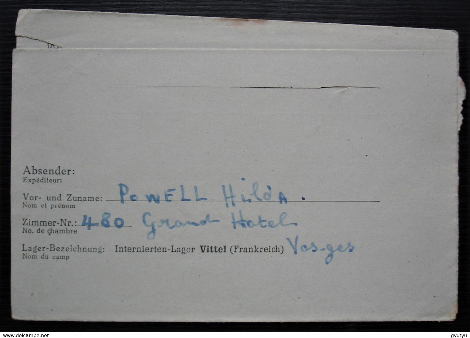 Vittel Grand Hôtel 1943 Interniertenpost  Correspondance Des Internés Geprüft 11 Front Stalag 194 De Powell Ilda Nogent - Guerra De 1939-45